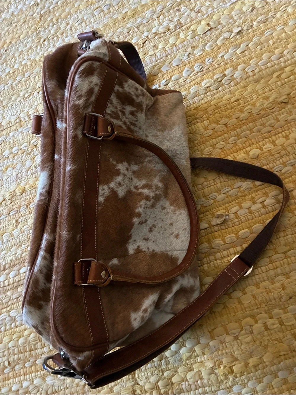 Brown and White Cowhide Leather Messenger Tote with Front Pockets